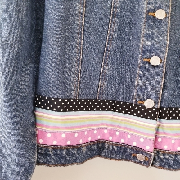 Vintage 90's Denim Jacket With Colourful Ribbon Details Size Medium Cotton - Picture 5 of 8